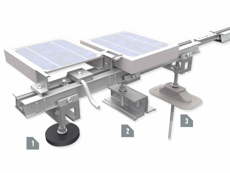 PREFA railprofiels voor de montage van installaties met zonnepanelen op PREFA daken, met de houders Vario, Prefalz Vario en Sunny.