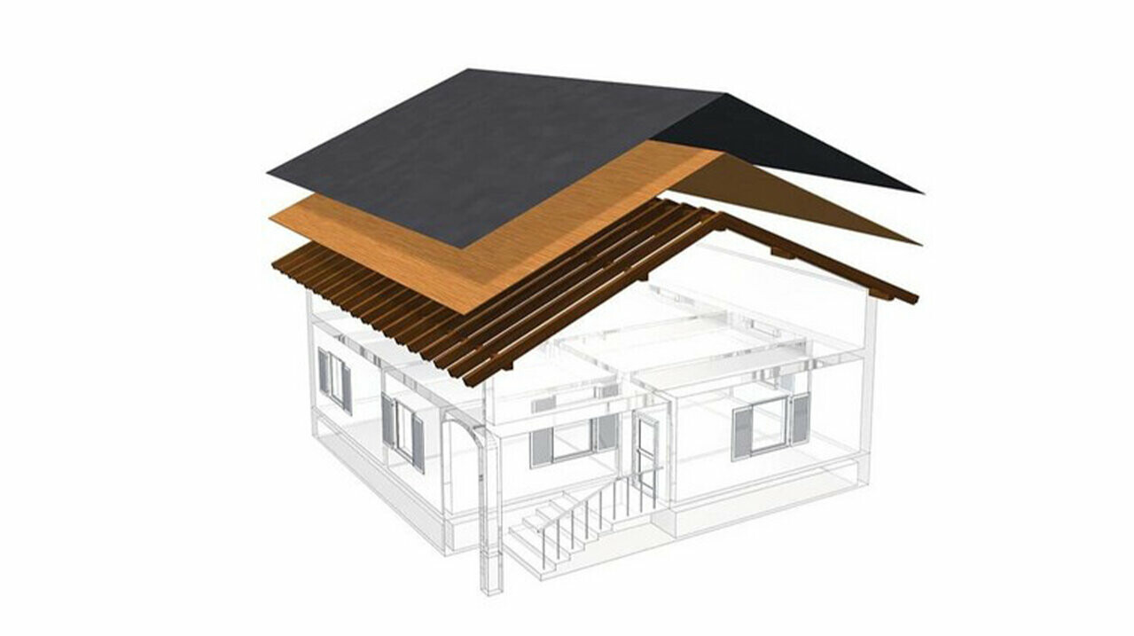 Technische weergave van PREFA van een enkellaagse dakconstructie - de zolder kan niet als woonruimte worden gebruikt, omdat hij fungeert als ventilatieniveau voor het metalen dak; volledig dakbeschot en scheidingslaag zonder latwerk; warm dak