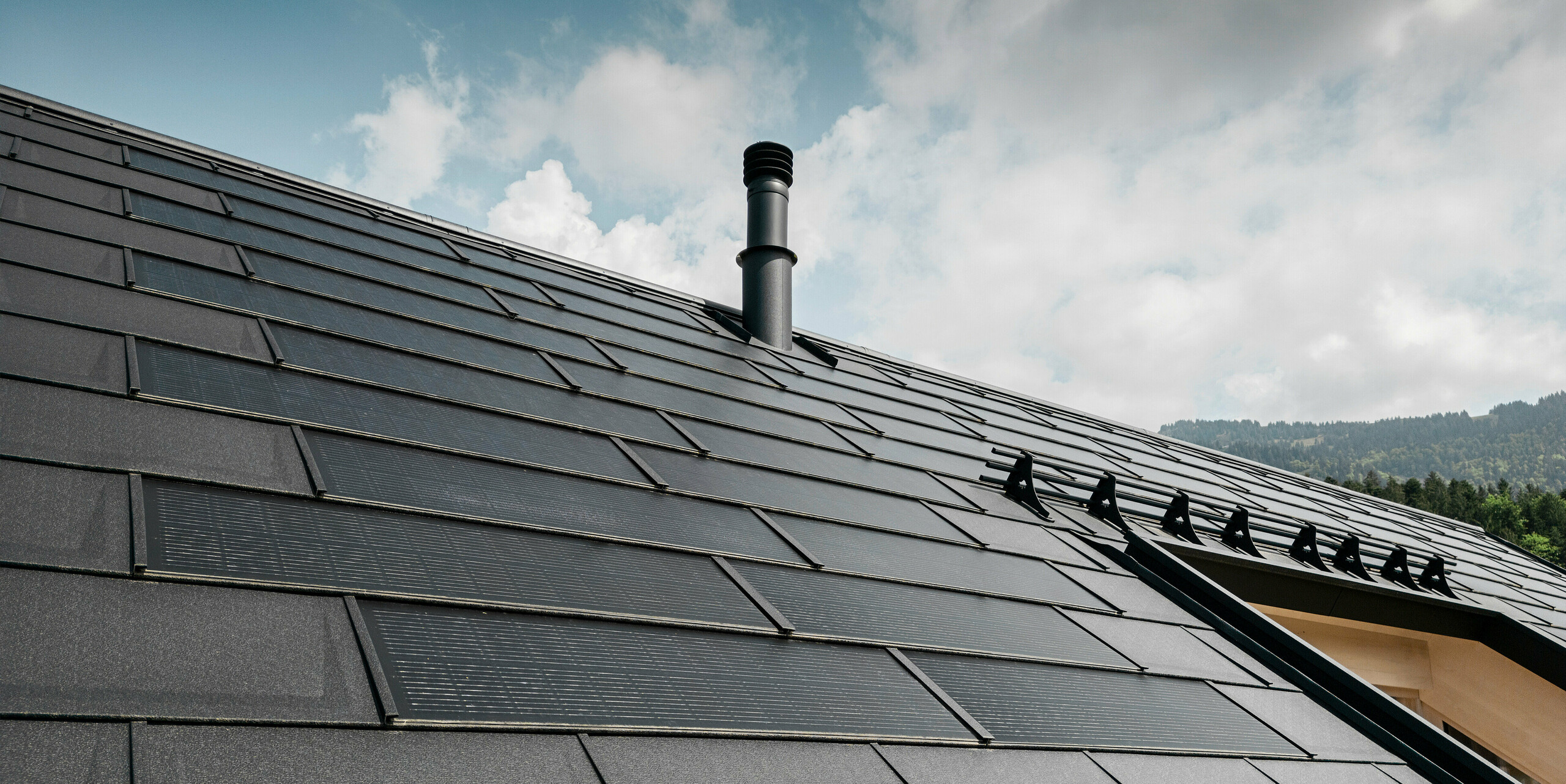 PREFA solar-dakpan in kleine uitvoering gecombineerd met dakpan R.16 in zwart, bakgoot en gevel van larikshout