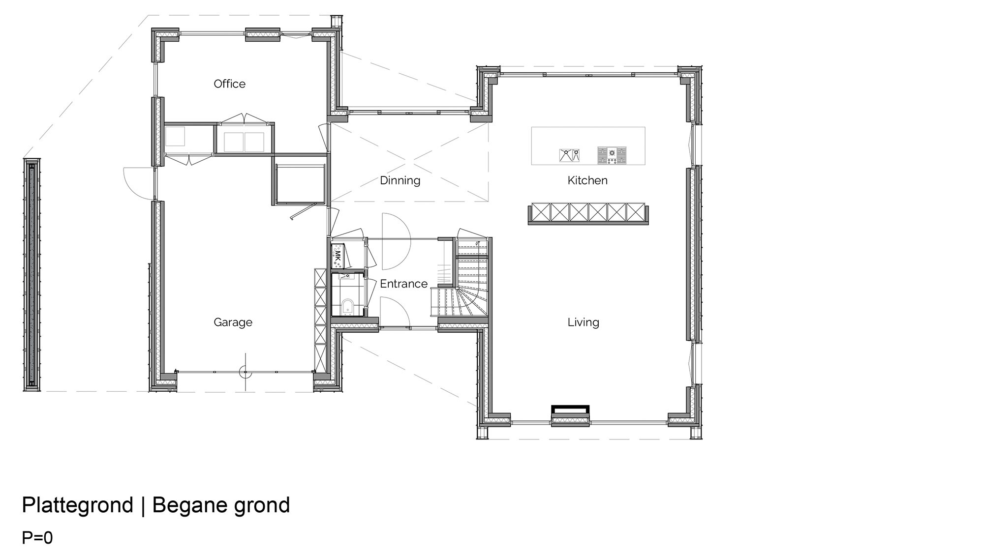 Architektonische Grundrisszeichnung der Erdgeschoss-Ebene eines Einfamilienhauses. Der Plan zeigt einen Eingangsbereich, der zu einem Büro, einer Garage und einem Essbereich führt. Die Küche ist zentral angeordnet, angrenzend an einen großzügigen Wohnbereich. Die Räume sind klar definiert und beschriftet, wobei die Zeichnung detailliert und präzise gestaltet ist.