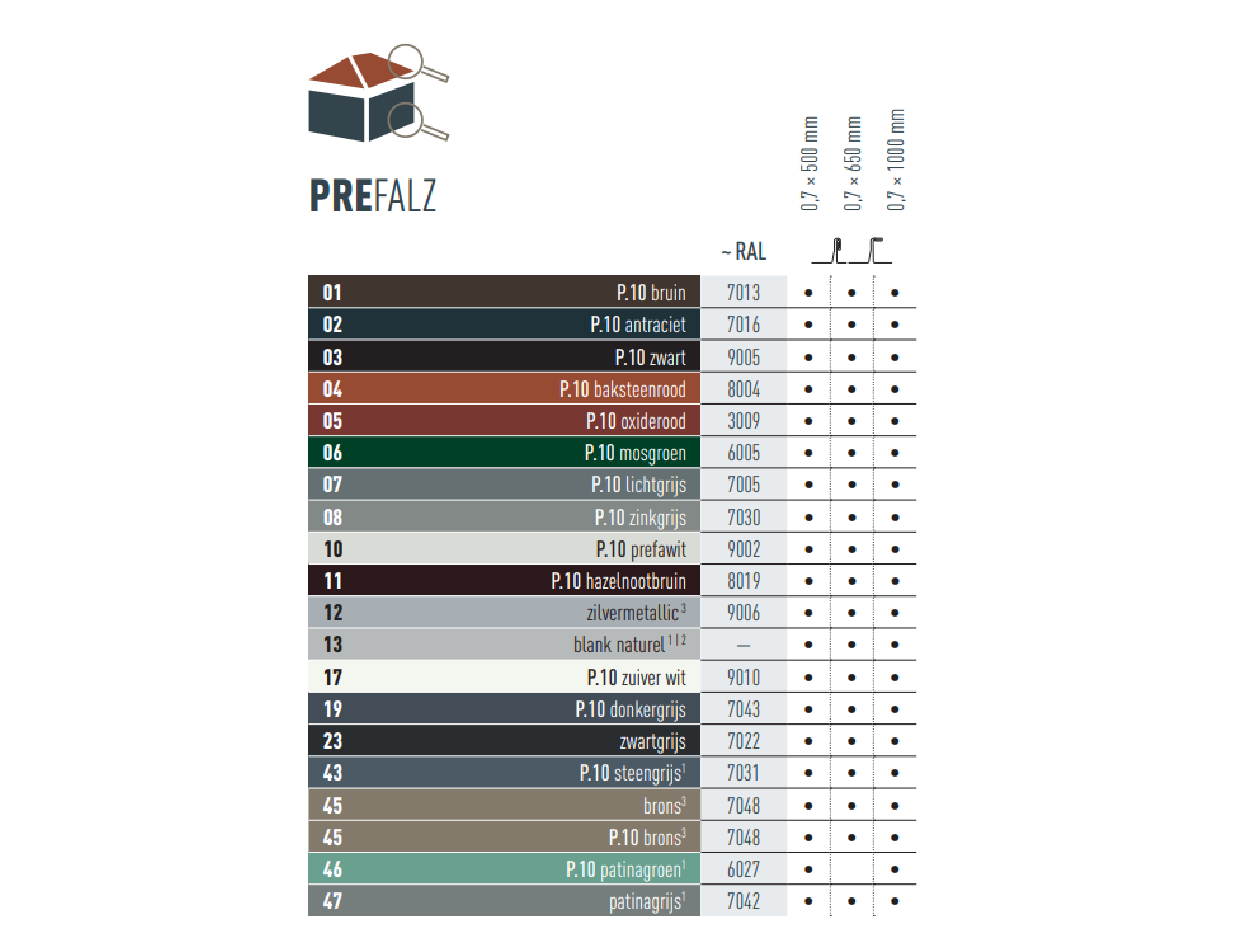 Kleurentabel die laat zien in welke kleuren het product PREFALZ leverbaar is. PREFALZ is leverbaar in verschillende P.10- en standaardkleuren.