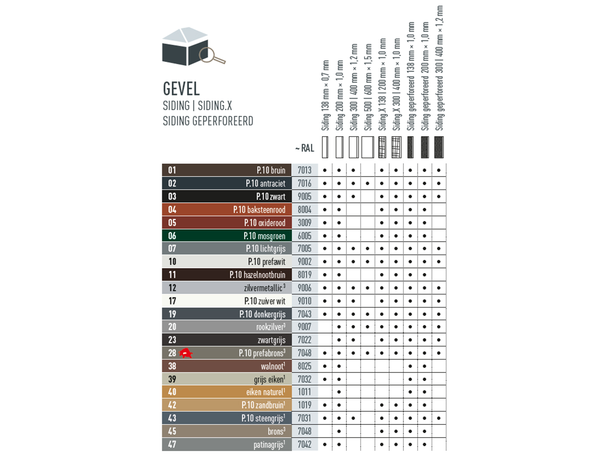 Kleurentabel die laat zien in welke kleuren PREFA Siding en Siding.X leverbaar zijn. PREFA Siding en Siding.X zijn leverbaar in verschillende P.10- en standaardkleuren.